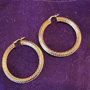 Greek Key Large Elegant Gold Hoop Earrings